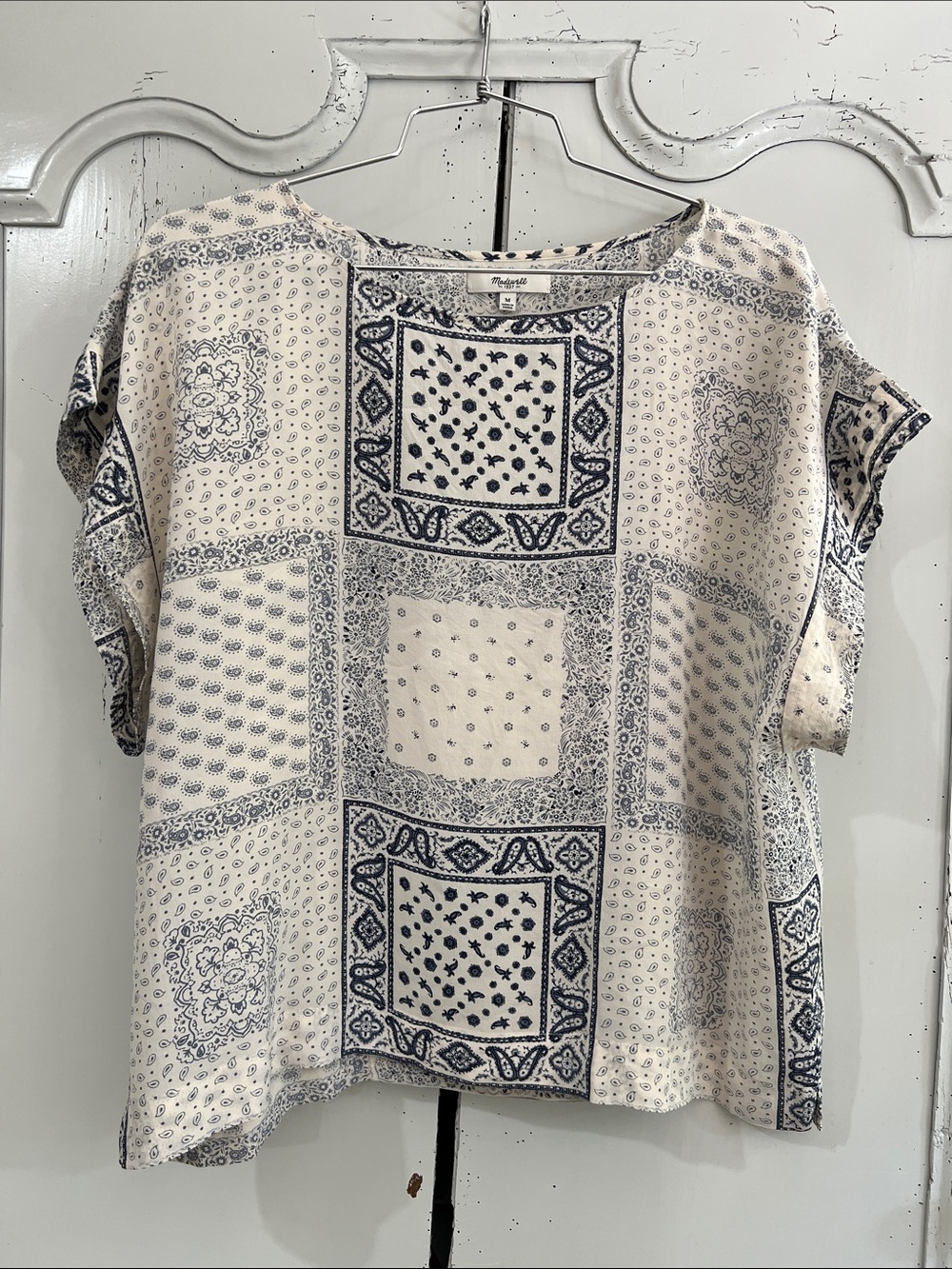 Like New Madewell 100% Silk Kyoto Bandana Paisley Blue & White Top, Size M